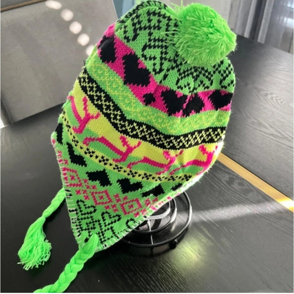 Bright Neon Colors Andean Style Chullo Ear Flap Trapper Hat Neon Green - Picture 1 of 5